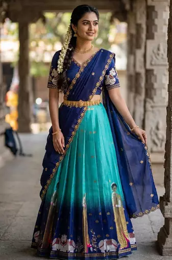 Beautiful South Indian Style Semi-Stitched Half Saree with Embroidery Work Blouse and Dupatta for Women