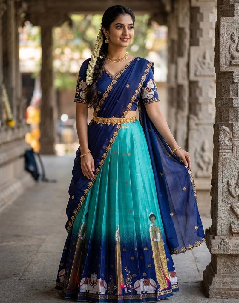 Beautiful South Indian Style Semi-Stitched Half Saree with Embroidery Work Blouse and Dupatta for Women