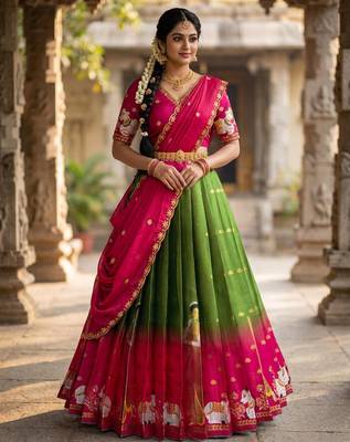 Beautiful South Indian Style Semi-Stitched Half Saree with Embroidery Work Blouse and Dupatta for Women 1