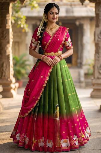Beautiful South Indian Style Semi-Stitched Half Saree with Embroidery Work Blouse and Dupatta for Women