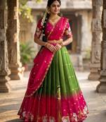 Beautiful South Indian Style Semi-Stitched Half Saree with Embroidery Work Blouse and Dupatta for Women