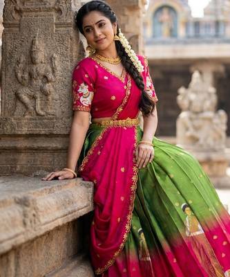 Beautiful South Indian Style Semi-Stitched Half Saree with Embroidery Work Blouse and Dupatta for Women 2