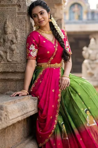 Beautiful South Indian Style Semi-Stitched Half Saree with Embroidery Work Blouse and Dupatta for Women