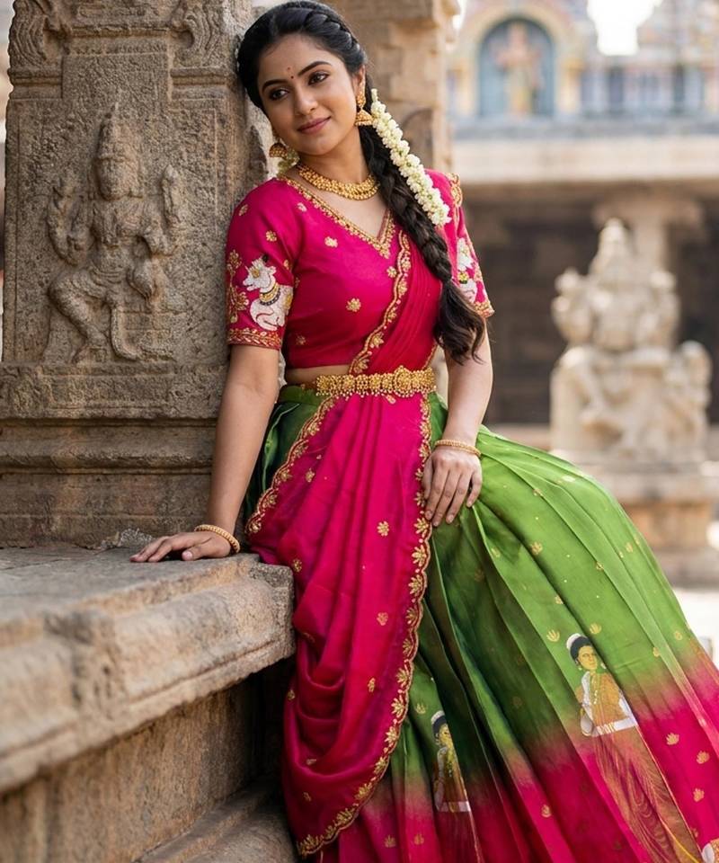 Beautiful South Indian Style Semi-Stitched Half Saree with Embroidery Work Blouse and Dupatta for Women
