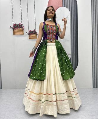 Green Khadi Cotton Mirror Work Navratri Wear Readymade Lehenga Choli 3