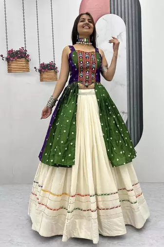 Green Khadi Cotton Mirror Work Navratri Wear Readymade Lehenga Choli