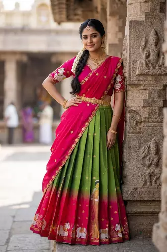 Beautiful South Indian Style Semi-Stitched Half Saree with Embroidery Work Blouse and Dupatta for Women