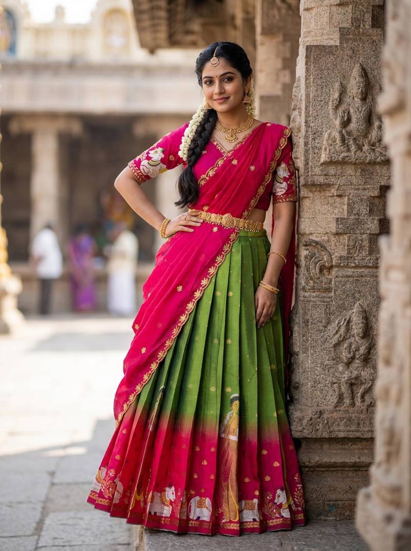 Beautiful South Indian Style Semi-Stitched Half Saree with Embroidery Work Blouse and Dupatta for Women
