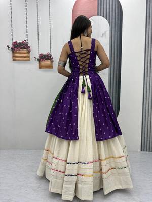 Green Khadi Cotton Mirror Work Navratri Wear Readymade Lehenga Choli 4