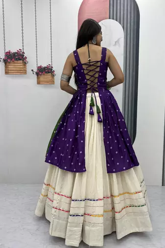Green Khadi Cotton Mirror Work Navratri Wear Readymade Lehenga Choli
