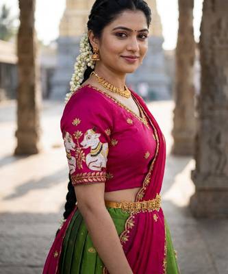 Beautiful South Indian Style Semi-Stitched Half Saree with Embroidery Work Blouse and Dupatta for Women 4