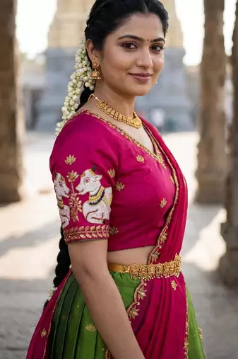 Beautiful South Indian Style Semi-Stitched Half Saree with Embroidery Work Blouse and Dupatta for Women