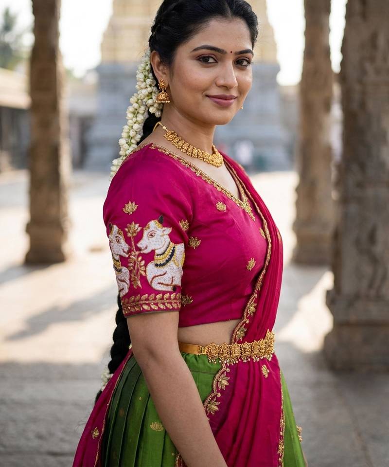 Beautiful South Indian Style Semi-Stitched Half Saree with Embroidery Work Blouse and Dupatta for Women