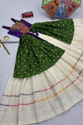 Green Khadi Cotton Mirror Work Navratri Wear Readymade Lehenga Choli