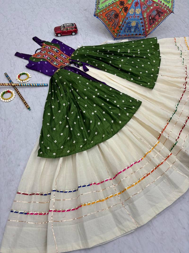 Green Khadi Cotton Mirror Work Navratri Wear Readymade Lehenga Choli