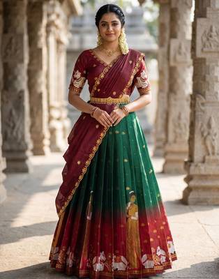 Beautiful South Indian Style Semi-Stitched Half Saree with Embroidery Work Blouse and Dupatta for Women 1