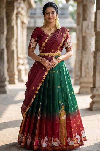 Beautiful South Indian Style Semi-Stitched Half Saree with Embroidery Work Blouse and Dupatta for Women