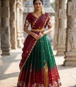 Beautiful South Indian Style Semi-Stitched Half Saree with Embroidery Work Blouse and Dupatta for Women
