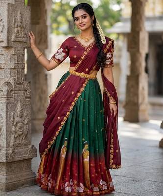 Beautiful South Indian Style Semi-Stitched Half Saree with Embroidery Work Blouse and Dupatta for Women 2