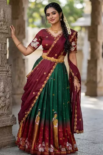 Beautiful South Indian Style Semi-Stitched Half Saree with Embroidery Work Blouse and Dupatta for Women