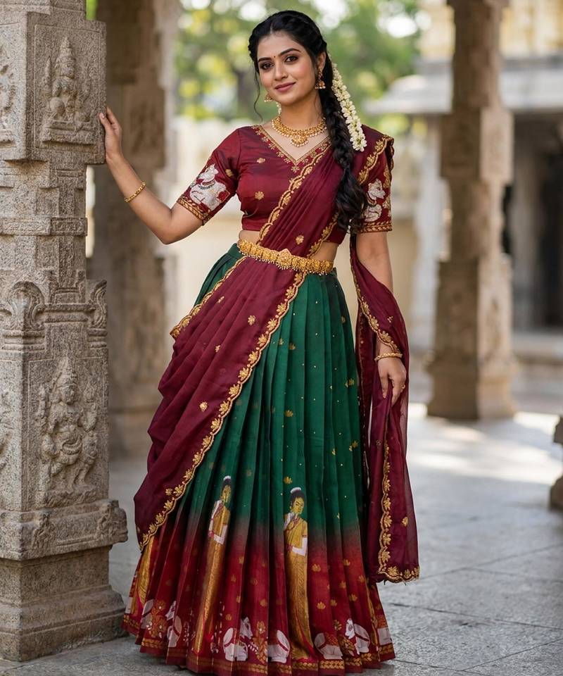 Beautiful South Indian Style Semi-Stitched Half Saree with Embroidery Work Blouse and Dupatta for Women