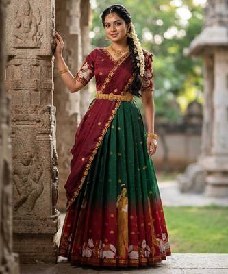 Beautiful South Indian Style Semi-Stitched Half Saree with Embroidery Work Blouse and Dupatta for Women 3