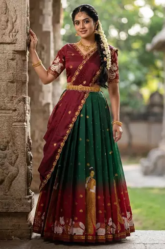 Beautiful South Indian Style Semi-Stitched Half Saree with Embroidery Work Blouse and Dupatta for Women