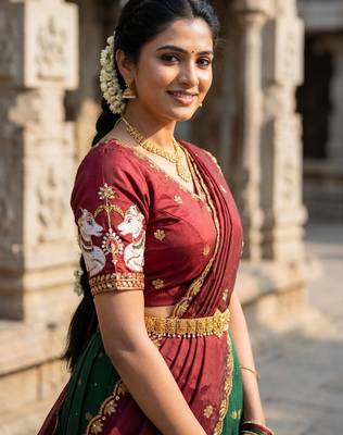 Beautiful South Indian Style Semi-Stitched Half Saree with Embroidery Work Blouse and Dupatta for Women 4
