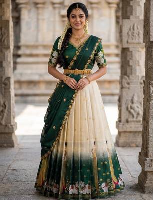 Beautiful South Indian Style Semi-Stitched Half Saree with Embroidery Work Blouse and Dupatta for Women 1