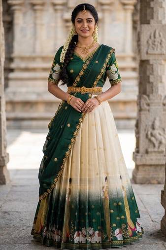 Beautiful South Indian Style Semi-Stitched Half Saree with Embroidery Work Blouse and Dupatta for Women