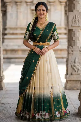 Beautiful South Indian Style Semi-Stitched Half Saree with Embroidery Work Blouse and Dupatta for Women