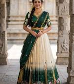 Beautiful South Indian Style Semi-Stitched Half Saree with Embroidery Work Blouse and Dupatta for Women
