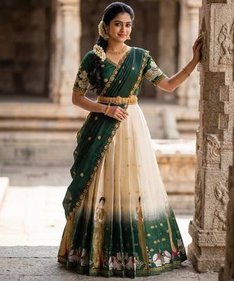 Beautiful South Indian Style Semi-Stitched Half Saree with Embroidery Work Blouse and Dupatta for Women 2