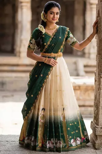 Beautiful South Indian Style Semi-Stitched Half Saree with Embroidery Work Blouse and Dupatta for Women