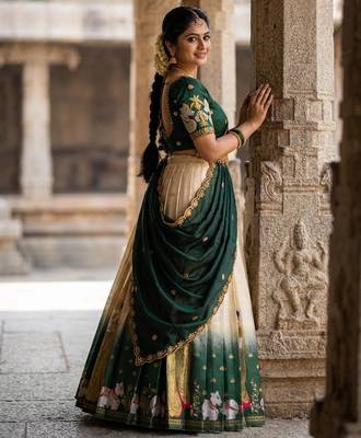 Beautiful South Indian Style Semi-Stitched Half Saree with Embroidery Work Blouse and Dupatta for Women 3