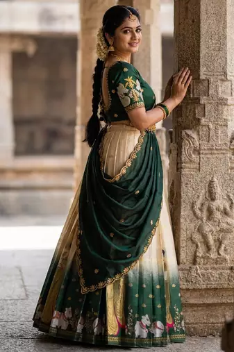 Beautiful South Indian Style Semi-Stitched Half Saree with Embroidery Work Blouse and Dupatta for Women