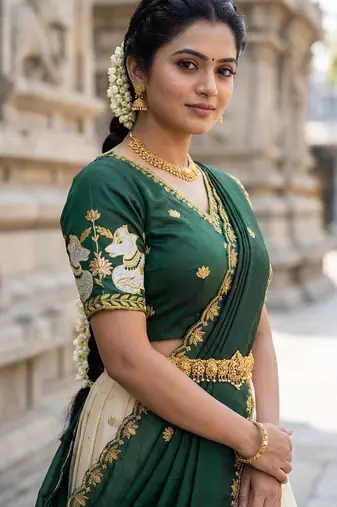 Beautiful South Indian Style Semi-Stitched Half Saree with Embroidery Work Blouse and Dupatta for Women
