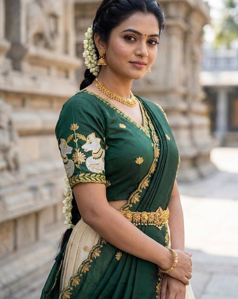 Beautiful South Indian Style Semi-Stitched Half Saree with Embroidery Work Blouse and Dupatta for Women