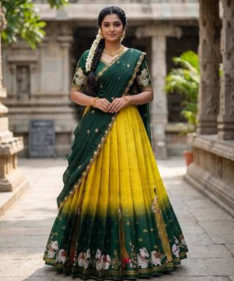 Beautiful South Indian Style Semi-Stitched Half Saree with Embroidery Work Blouse and Dupatta for Women 1