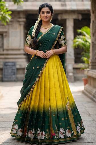 Beautiful South Indian Style Semi-Stitched Half Saree with Embroidery Work Blouse and Dupatta for Women