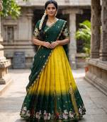 Beautiful South Indian Style Semi-Stitched Half Saree with Embroidery Work Blouse and Dupatta for Women