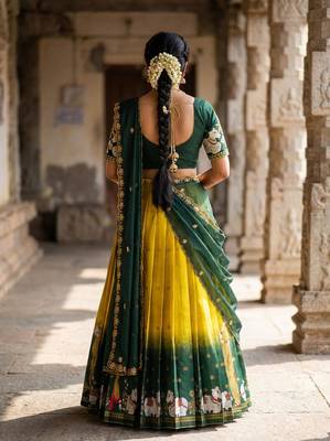 Beautiful South Indian Style Semi-Stitched Half Saree with Embroidery Work Blouse and Dupatta for Women 2