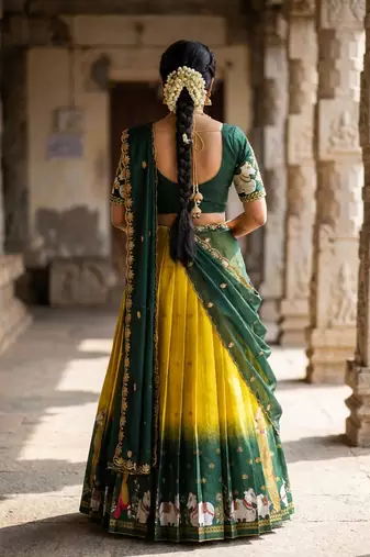 Beautiful South Indian Style Semi-Stitched Half Saree with Embroidery Work Blouse and Dupatta for Women
