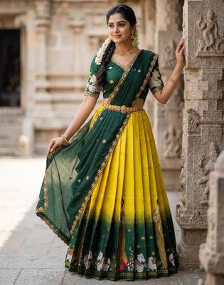 Beautiful South Indian Style Semi-Stitched Half Saree with Embroidery Work Blouse and Dupatta for Women 3