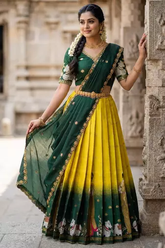 Beautiful South Indian Style Semi-Stitched Half Saree with Embroidery Work Blouse and Dupatta for Women