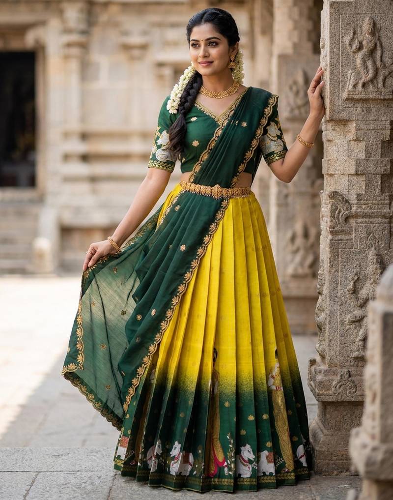 Beautiful South Indian Style Semi-Stitched Half Saree with Embroidery Work Blouse and Dupatta for Women