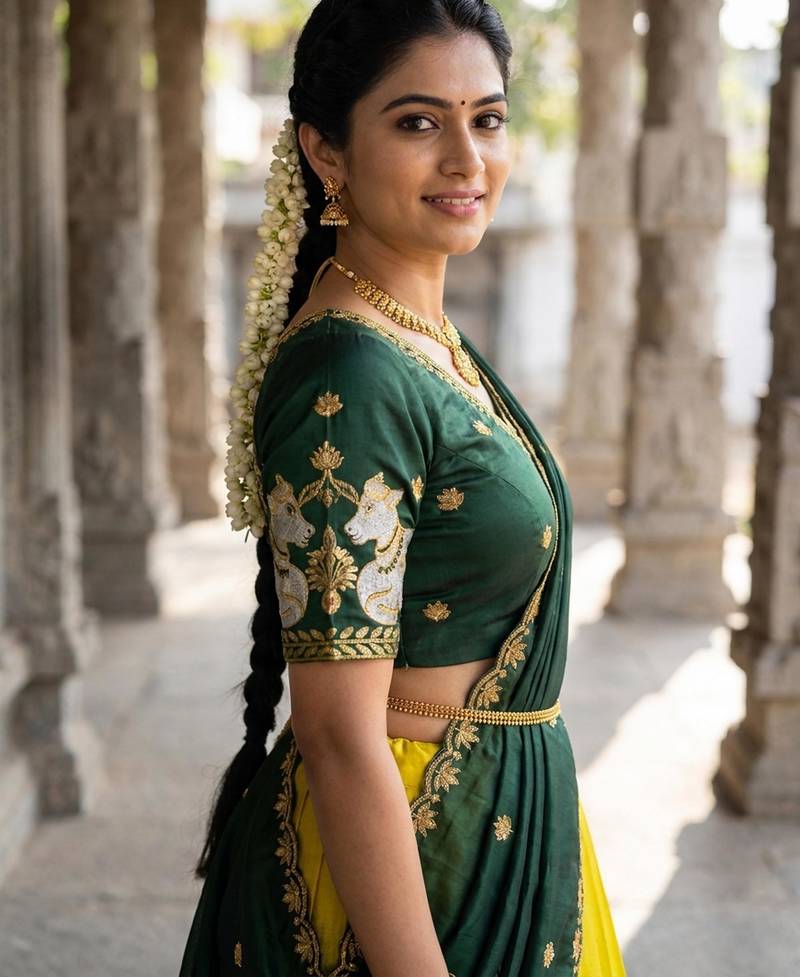 Beautiful South Indian Style Semi-Stitched Half Saree with Embroidery Work Blouse and Dupatta for Women