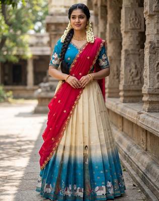Beautiful South Indian Style Semi-Stitched Half Saree with Embroidery Work Blouse and Dupatta for Women 1