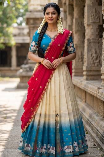 Beautiful South Indian Style Semi-Stitched Half Saree with Embroidery Work Blouse and Dupatta for Women
