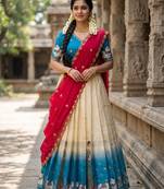 Beautiful South Indian Style Semi-Stitched Half Saree with Embroidery Work Blouse and Dupatta for Women